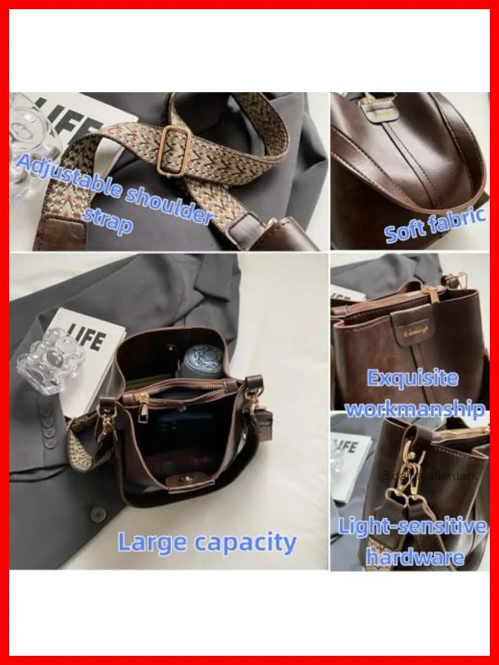 Vintage Bucket Crossbody Bag for Women, Large Capacity, Adjustable Strap,